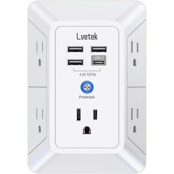 5 Outlet Extender Multi Plug Wall Outlets with 4 USB Charging Ports 1 USB C Out - Picture 1 of 8